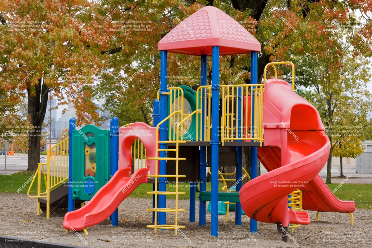 A cheerful, colorful playground stands in a sunlit park, featuring slides and a climbing structure. Parents and children are visible, enjoying a lively afternoon together, with open green spaces that suggest room for pets to play.